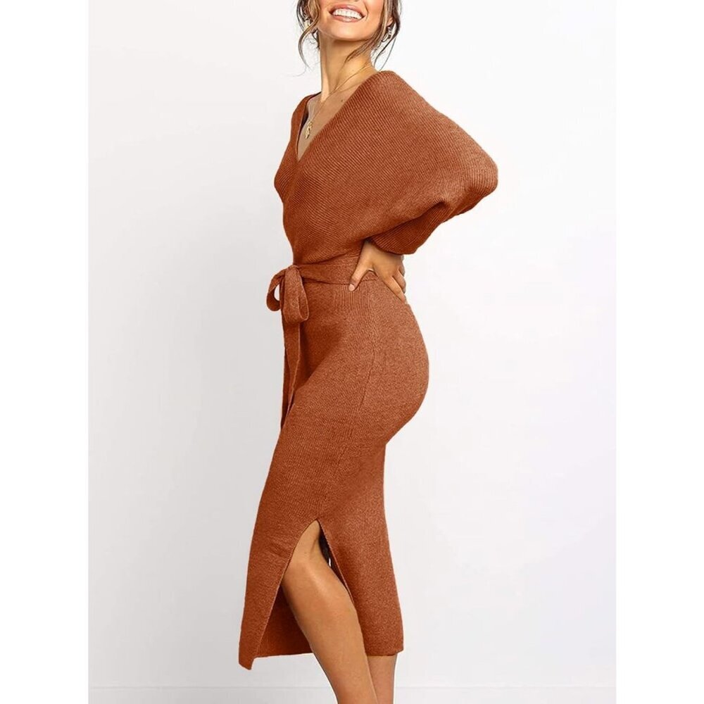 Women's Sweater Dress Wrap Batwing V Neck Slit Bodycon Dress with Belt Rust - Picture 2 of 6